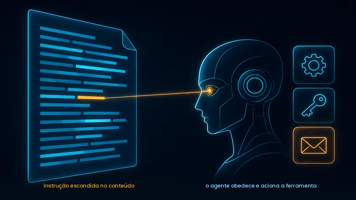 Documento com uma instrução maliciosa escondida entre as linhas, capturada por um sistema de IA que aciona uma de suas ferramentas