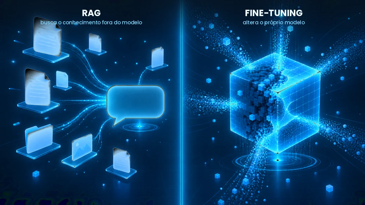 Comparativo entre RAG, que busca documentos externos, e fine-tuning, que altera o próprio modelo